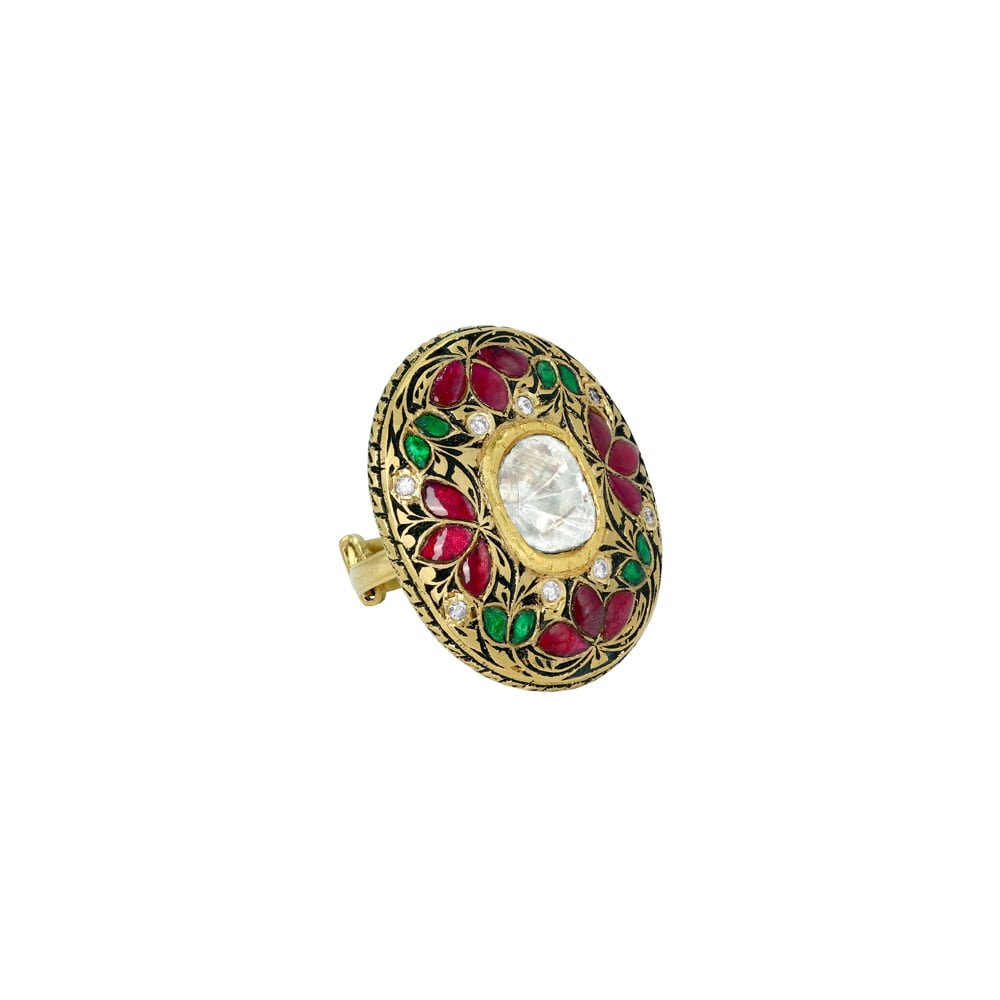 Polki Ring with Red and Green Talaf Floral Design